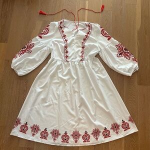 SHEIN White Long Sleeve Embroidered Peasant Dress with Red Accents